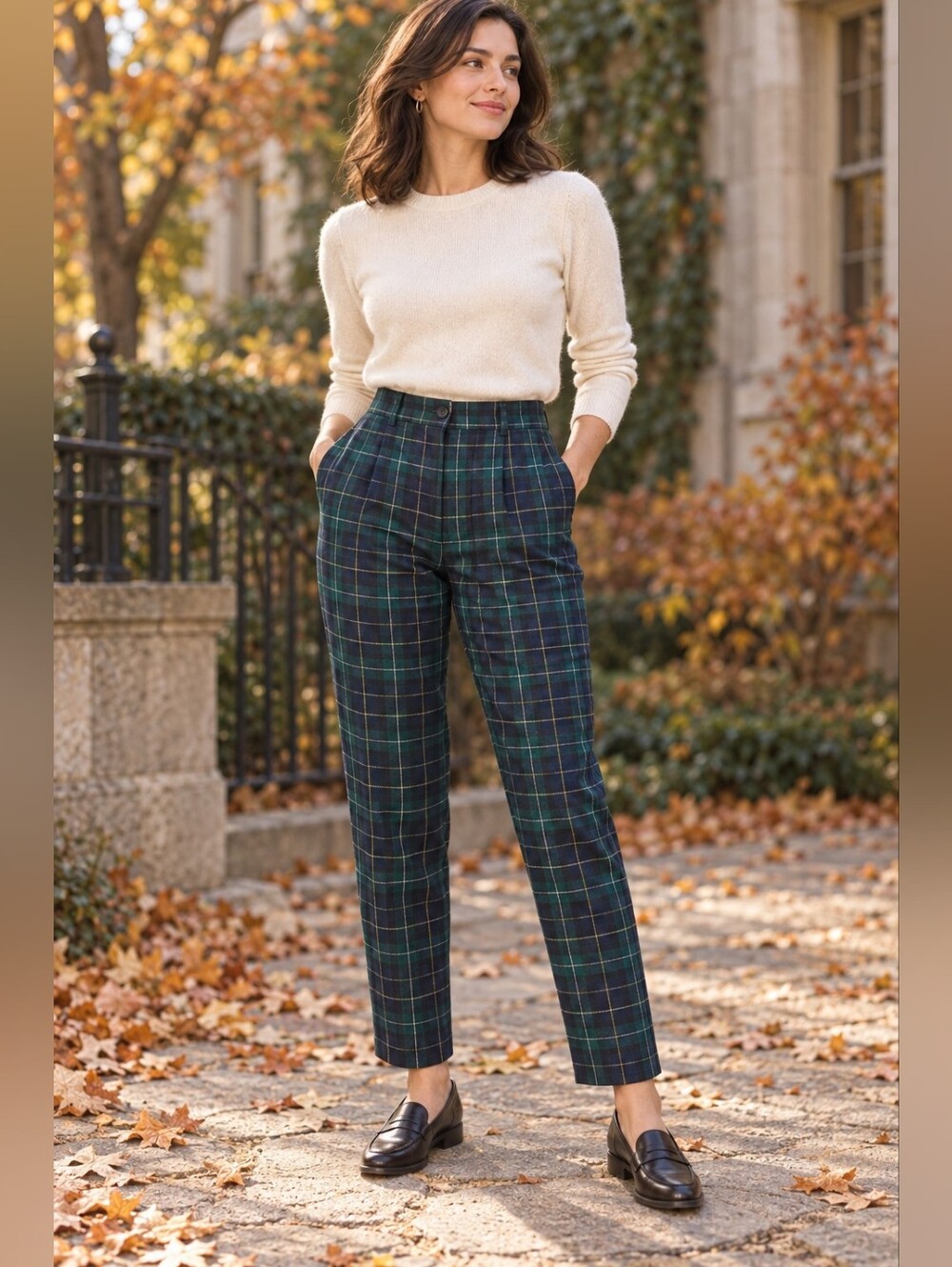 Vintage Benetton Wool Pants US 4 Green Tartan Preppy Heritage Academia